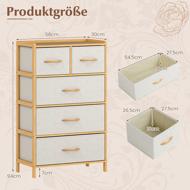 Bamboo Storage Dresser with 5 Fabric Drawers and Shelf