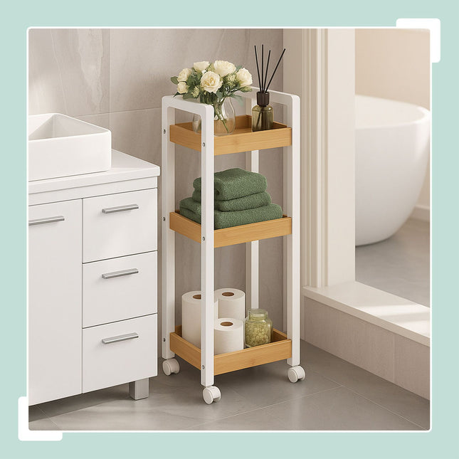 Bamboo Storage Trolley with 3 Adjustable Shelves