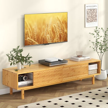 Bamboo TV Stand 63 Inch, Sliding Doors, Cable Hole
