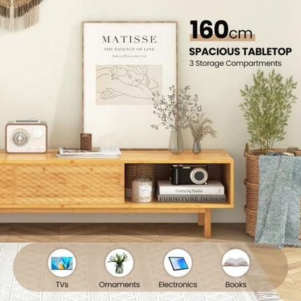 Bamboo TV Stand 63 Inch, Sliding Doors, Cable Hole