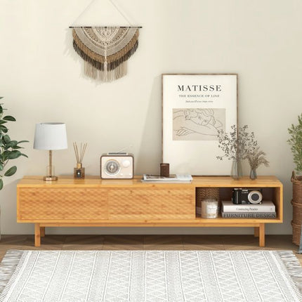 Bamboo TV Stand 63 Inch, Sliding Doors, Cable Hole