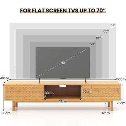 Bamboo TV Stand 63 Inch, Sliding Doors, Cable Hole