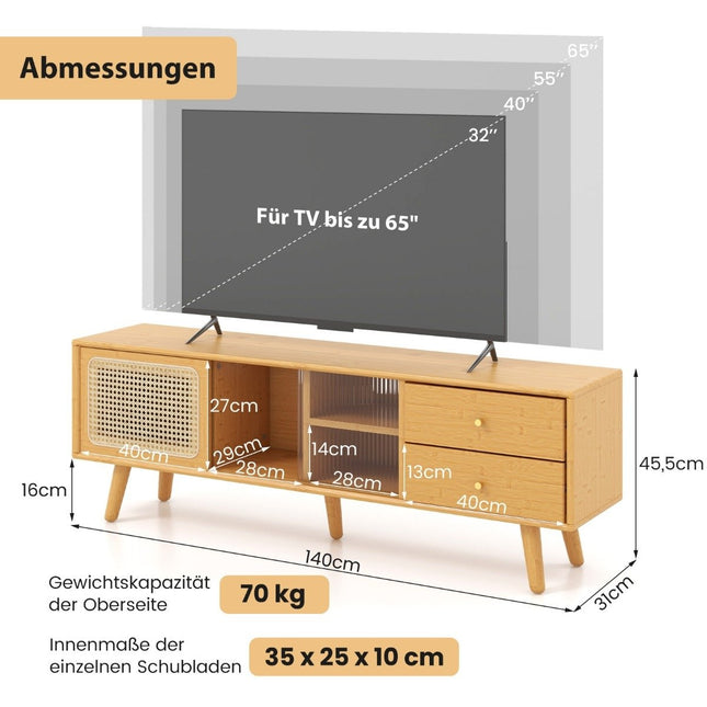 Bamboo TV stand for TVs up to 65 "TV console in mid-century modern style 140 x 31 x 45.5 cm natural