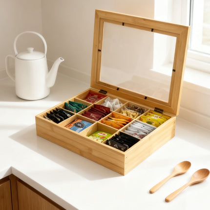 Bamboo Tea Box, 12 Compartments, Viewing Window