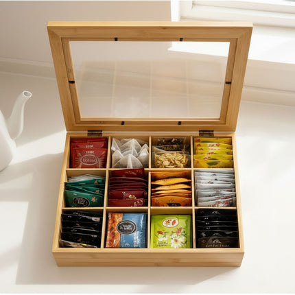 Bamboo Tea Box, 12 Compartments, Viewing Window