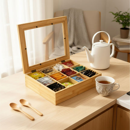 Bamboo Tea Box, 12 Compartments, Viewing Window