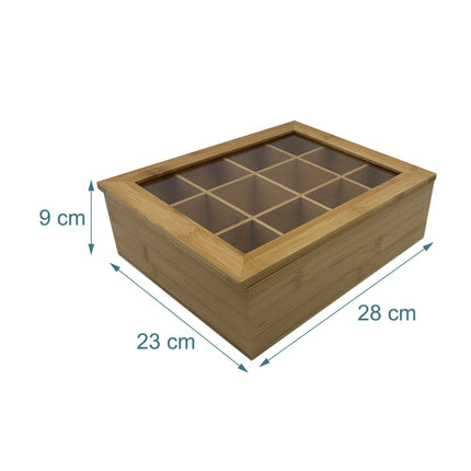 Bamboo Tea Box, 12 Compartments, Viewing Window