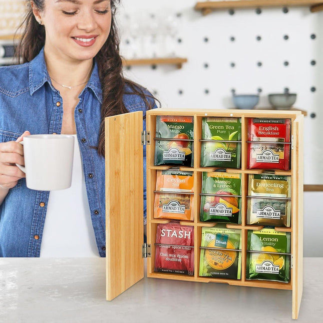 Bamboo Tea Box, 9 Slots – Wall-Mountable Organizer