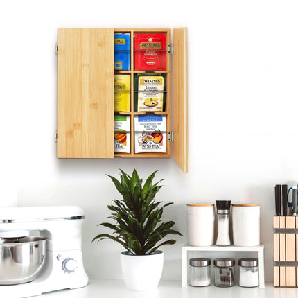 Bamboo Tea Box, 9 Slots – Wall-Mountable Organizer