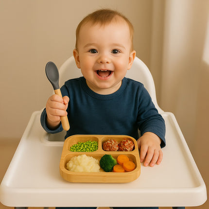 Bamboo Toddler Plate with Spoon – Non-Slip, 3 Compartments
