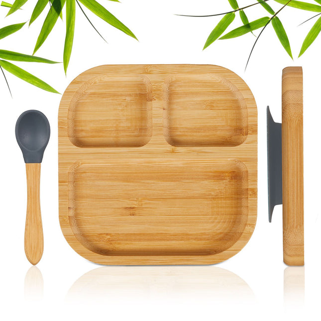 Bamboo Toddler Plate with Spoon – Non-Slip, 3 Compartments