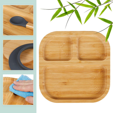 Bamboo Toddler Plate with Spoon – Non-Slip, 3 Compartments
