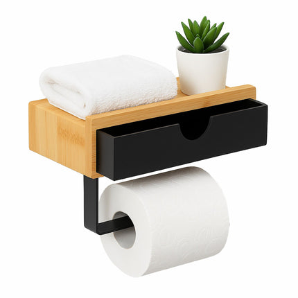 Bamboo Toilet Roll Holder with Shelf – Wall Mounted