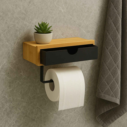 Bamboo Toilet Roll Holder with Shelf – Wall Mounted