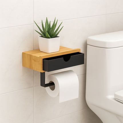 Bamboo Toilet Roll Holder with Shelf – Wall Mounted
