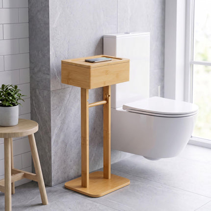 Bamboo Toilet Roll Holder with Storage Shelf and Smartphone Stand