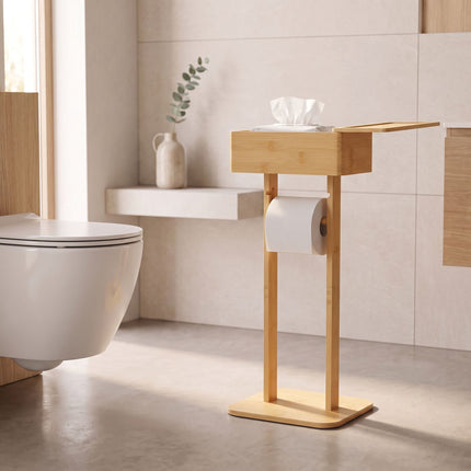 Bamboo Toilet Roll Holder with Storage Shelf and Smartphone Stand