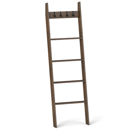 Bamboo Towel Ladder with 4 Hooks & 5 Rungs, Anti-Tip