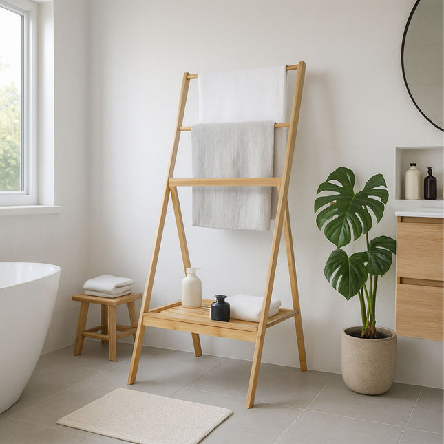 Bamboo Towel Rack with Shelf – Freestanding, Foldable