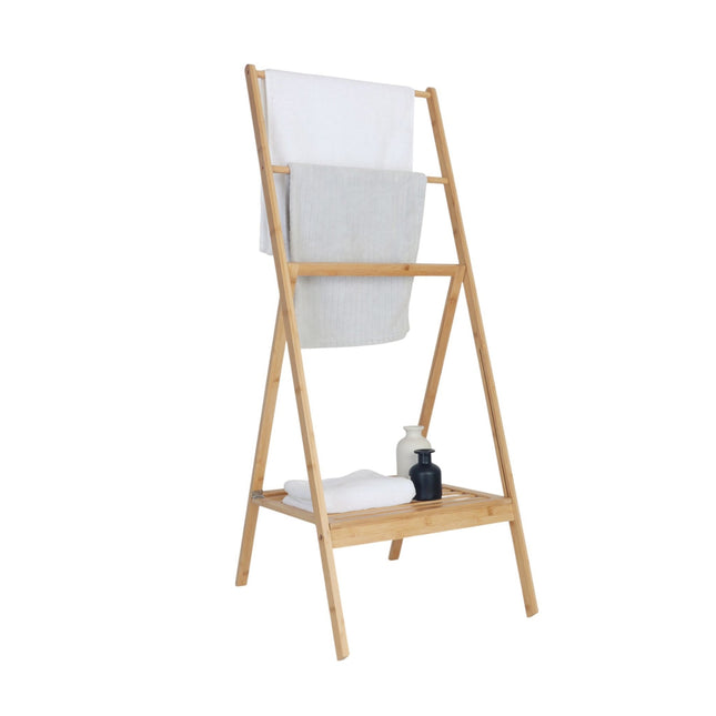Bamboo Towel Rack with Shelf – Freestanding, Foldable