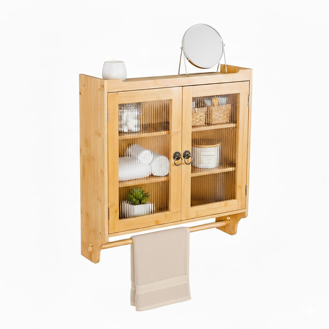 Bamboo Wall Cabinet with Towel Rack and Shelf