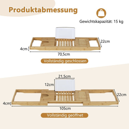 Bamboo bath boards extendable bath shelf with adjustable book stand 70.5-105 x 22 x 4 cm natural