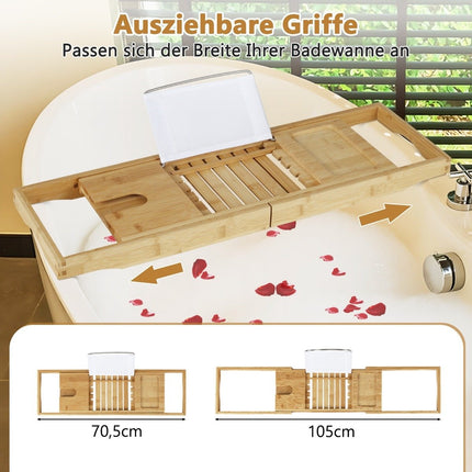 Bamboo bath boards extendable bath shelf with adjustable book stand 70.5-105 x 22 x 4 cm natural