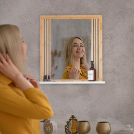Bamboo bathroom mirror with shelf