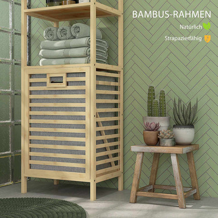 Bamboo bathroom shelf with 3 levels and fabric basket