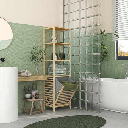 Bamboo bathroom shelf with 3 levels and fabric basket