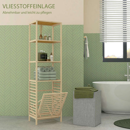 Bamboo bathroom shelf with 3 levels and fabric basket