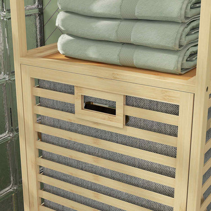 Bamboo bathroom shelf with 3 levels and fabric basket