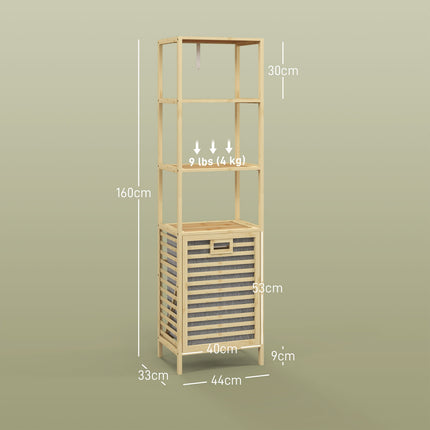Bamboo bathroom shelf with 3 levels and fabric basket