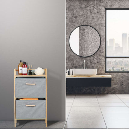 Bamboo bathroom shelf with 2 laundry baskets