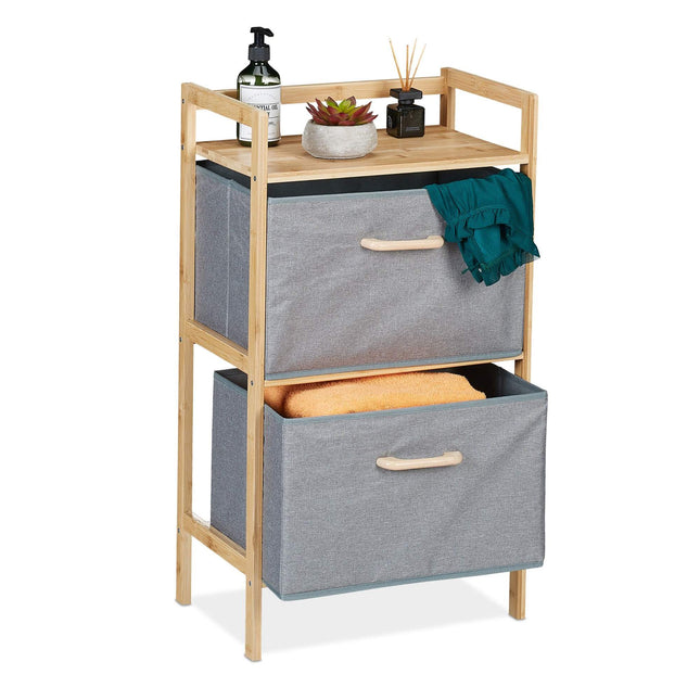 Bamboo bathroom shelf with 2 laundry baskets