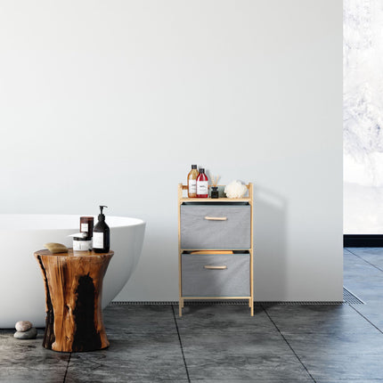 Bamboo bathroom shelf with 2 laundry baskets