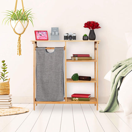 Bamboo bathroom shelf with laundry basket