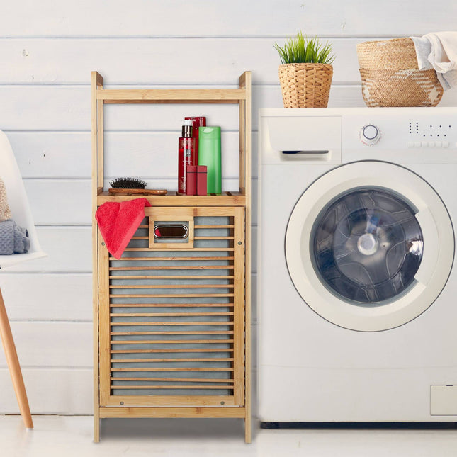 Bamboo bathroom shelf with laundry basket