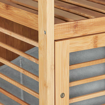 Bamboo bathroom shelf with laundry basket