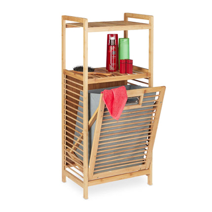 Bamboo bathroom shelf with laundry basket