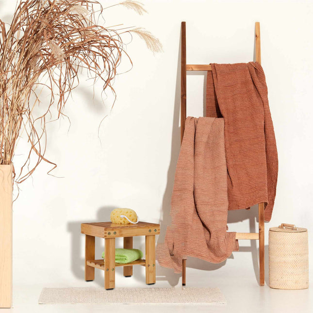 Bamboo bathroom stool with extra shelf