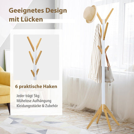 Bamboo coat rack with 6 hooks clothes rack 55 x 55 x 179 cm natural + white