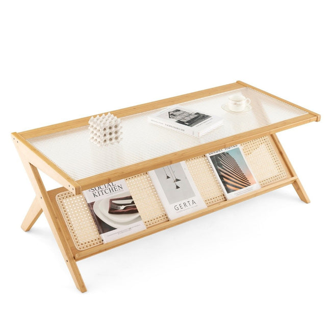 Bamboo coffee table 120 cm 2-tier rectangular coffee table natural