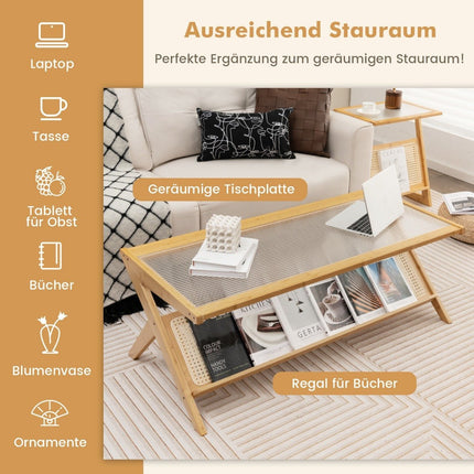 Bamboo coffee table 120 cm 2-tier rectangular coffee table natural