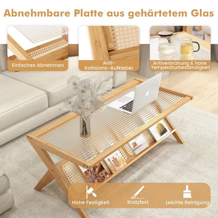 Bamboo coffee table 120 cm 2-tier rectangular coffee table natural