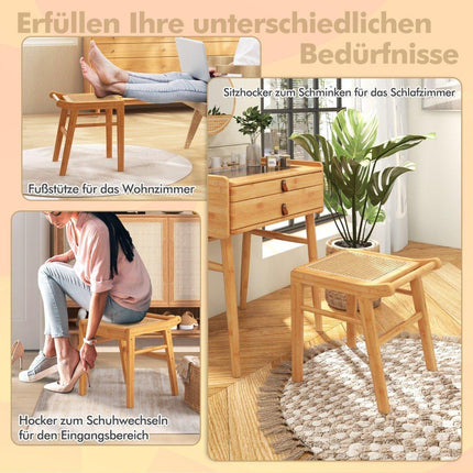 Bamboo cosmetic stool with rattan surface & non-slip foot pads, stable stool with reinforcement bar