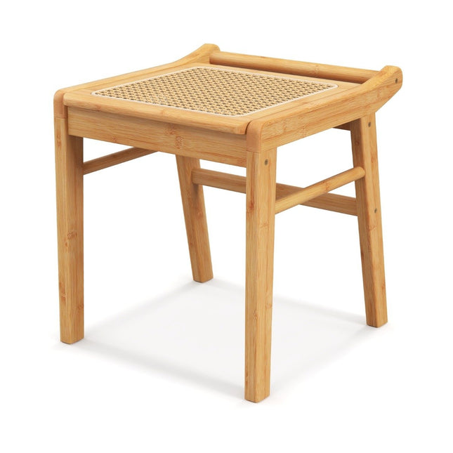 Cosmetische kruk van bamboe met rotan oppervlak en antislip voetjes, stabiele kruk met verstevigingsstang
