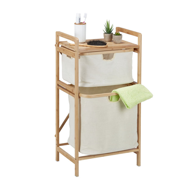 Bamboo laundry basket shelf with 2 shelves