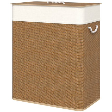 Bamboo laundry basket with lid, 2 compartments, 100 L laundry collector with rope handles, removable laundry bag