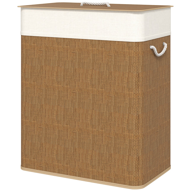 Bamboo laundry basket with lid, 2 compartments, 100 L laundry collector with rope handles, removable laundry bag